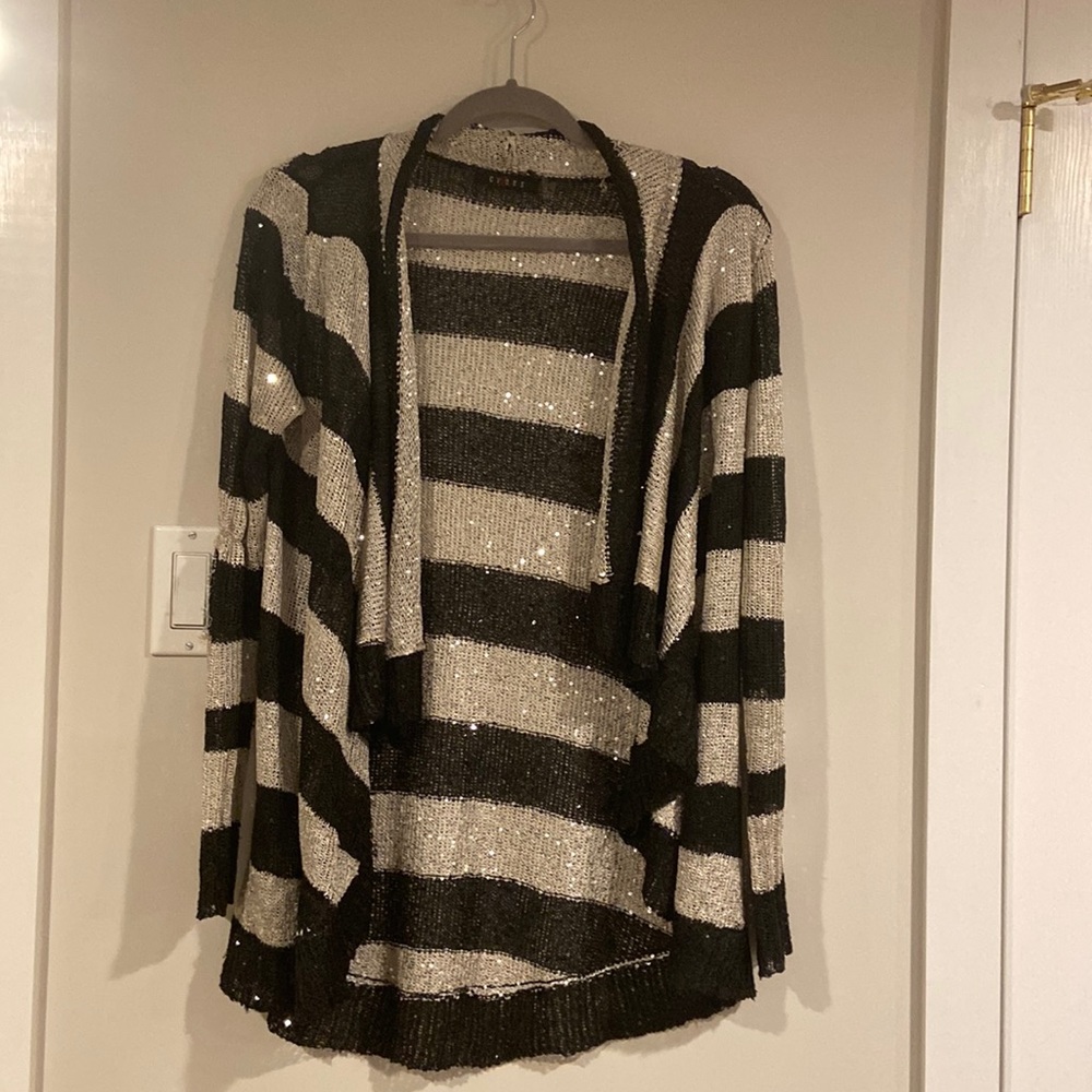 Taupe and black knit cardigan with taupe colored sequins